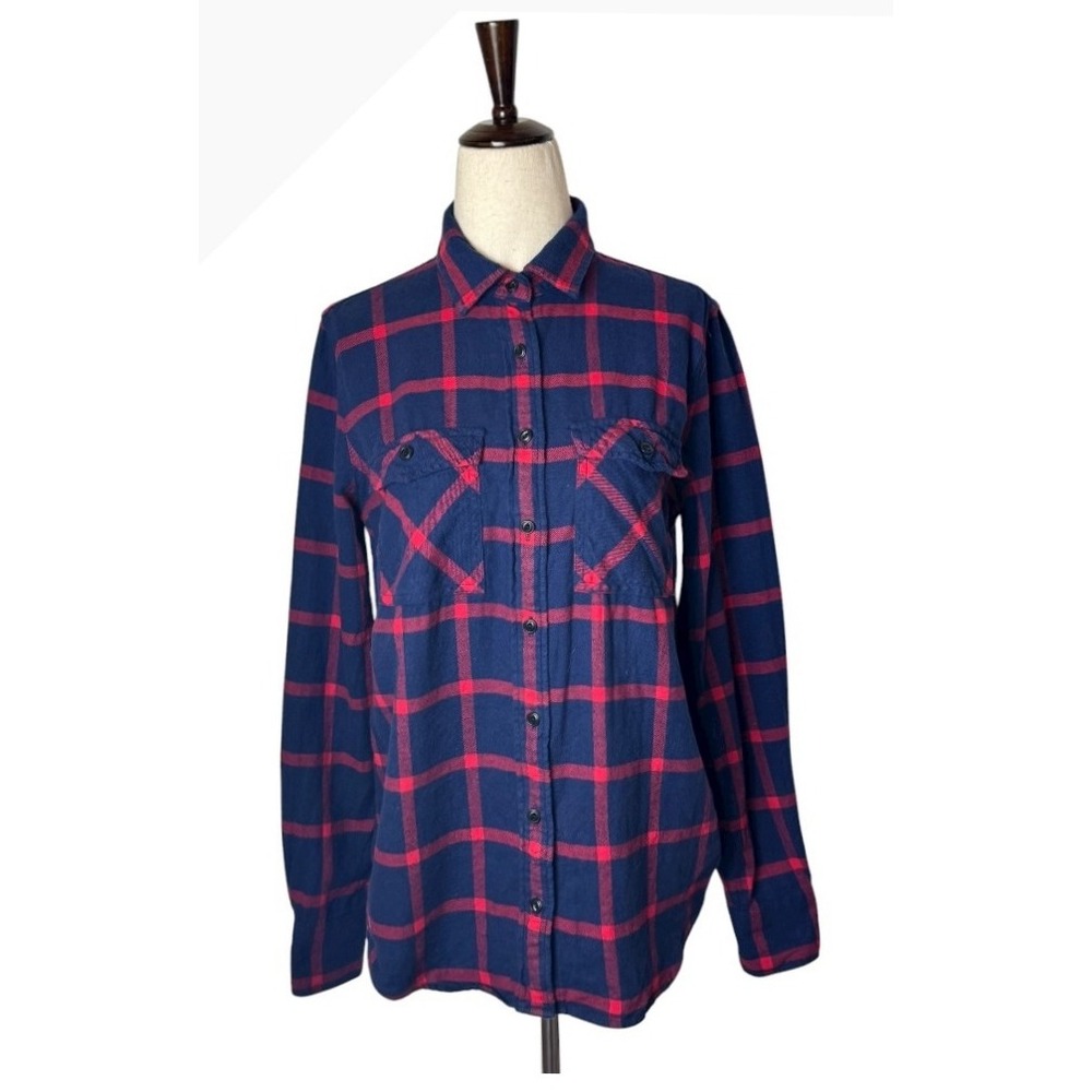 J Crew‎ Shirt Women 2 Blue Red Plaid Long Sleeve Button Down Flannel preppy